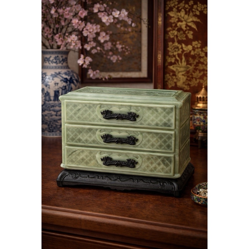 Vintage Faux Jade Chinoiserie Jewelry Box | 3-Drawer Dragon Pulls | Mid Century